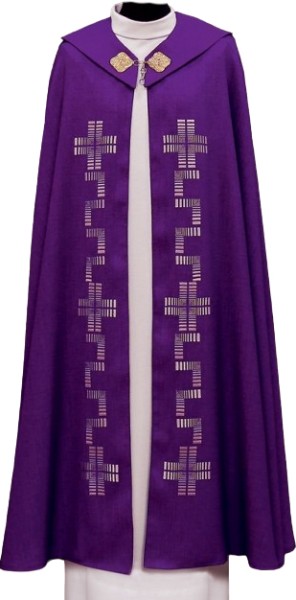 Moderner, violetter Chromantel mit Mäander-Bordüre und Kreuzen 